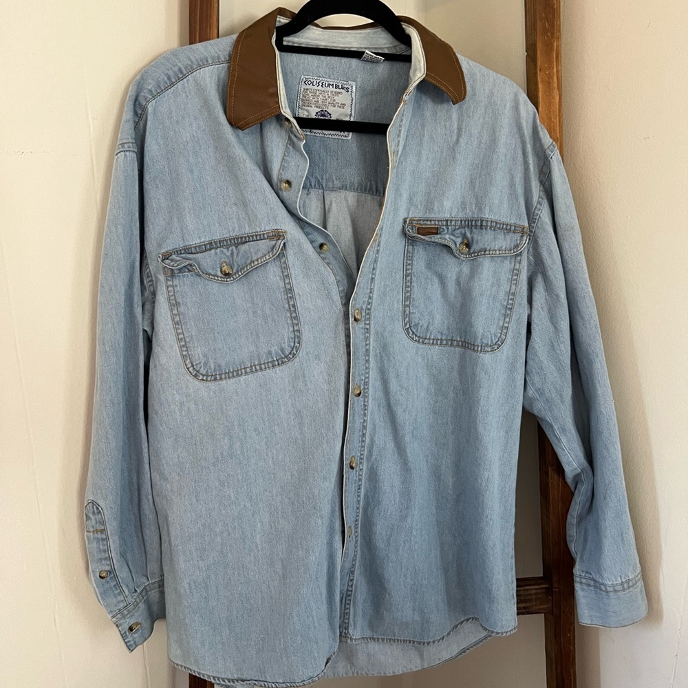 Light Blue Denim Shirt with Brown Collar - Western Style Shirt